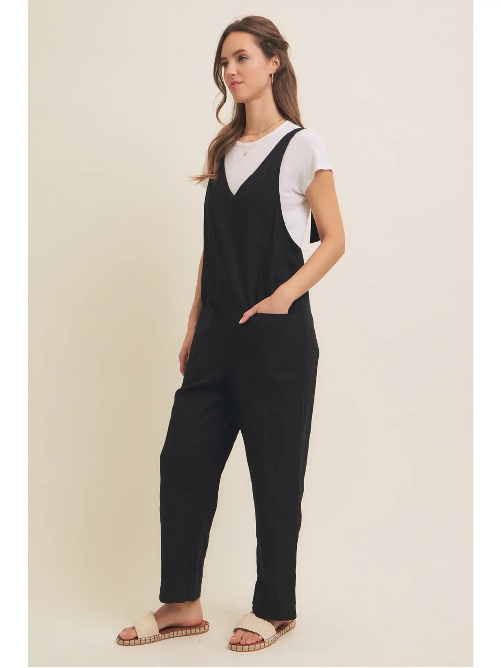 Black V-Neck Linen Jumpsuit